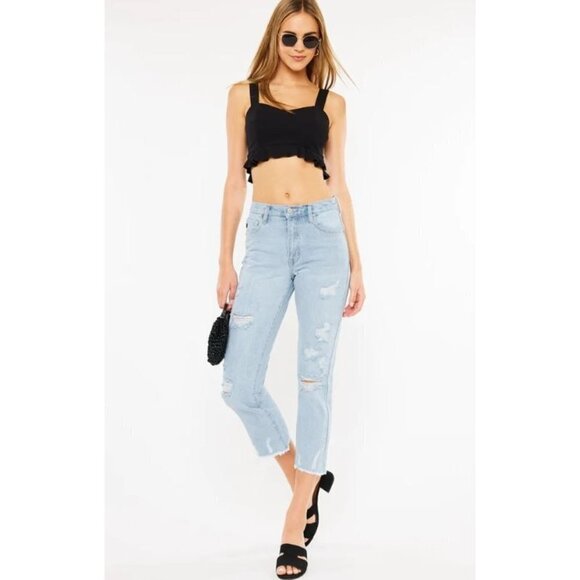 Kancan Sierra High Rise Straight Crop Distressed Raw Hem 11/29 Womens NWT Blue - Picture 1 of 16